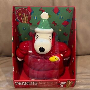 Peanuts Snoopy Red Ceramic Cookie Jar with Green Hat